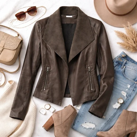 Bar III | Taupe Faux Leather Draped Moto Jacket | Zipper | Size L - Picture 2 of 7